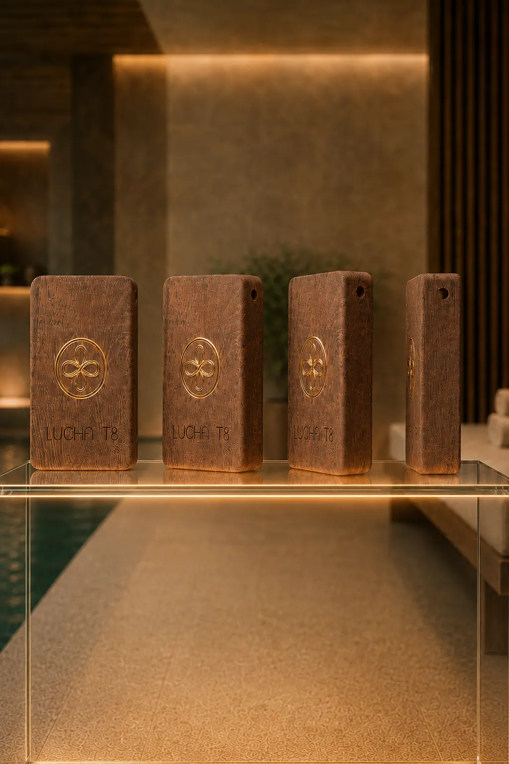 Four Lucha T8 devices displayed on a lit glass plinth