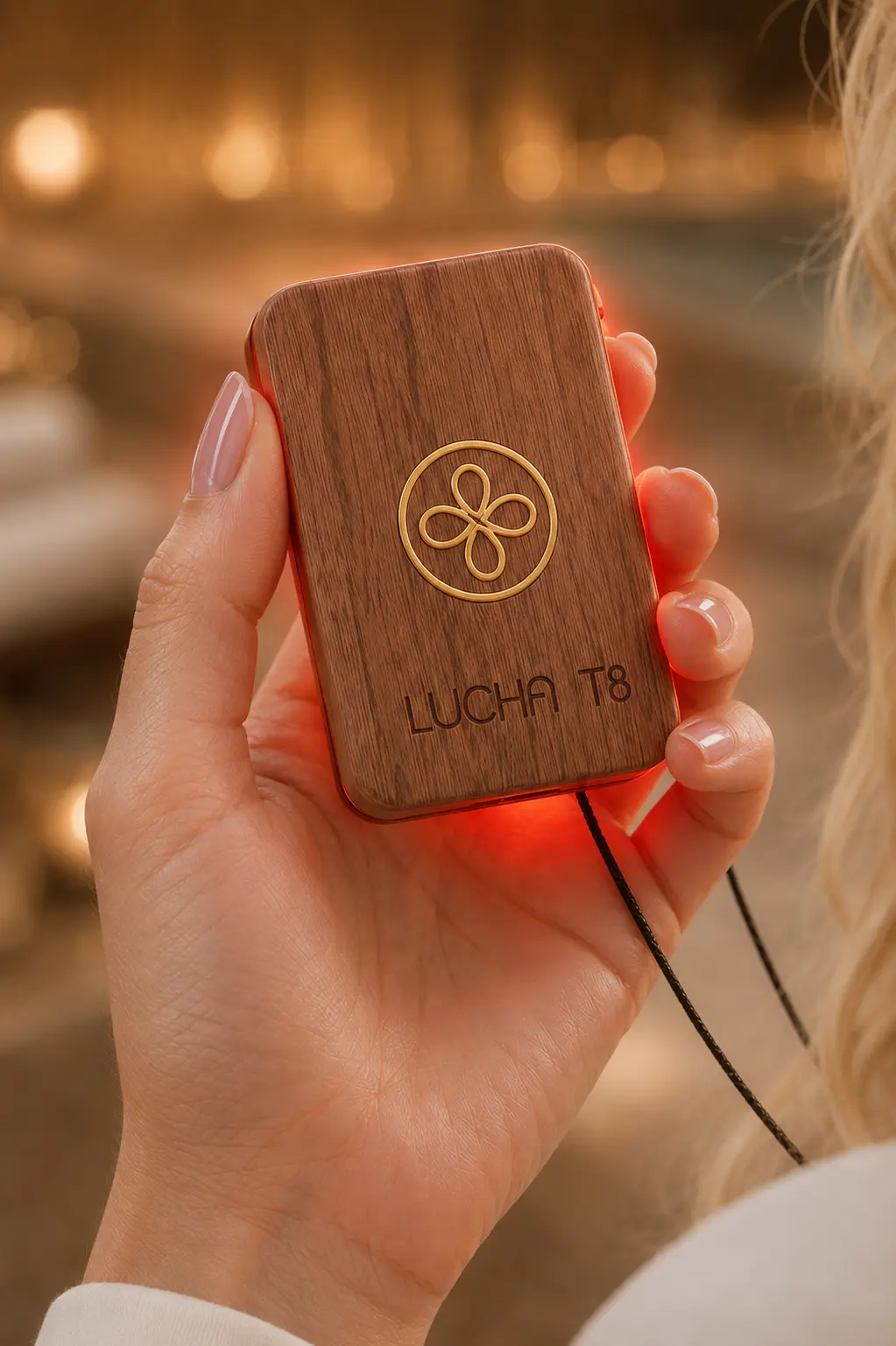 Hand holding the Lucha T8 wearable emitter with a red glow