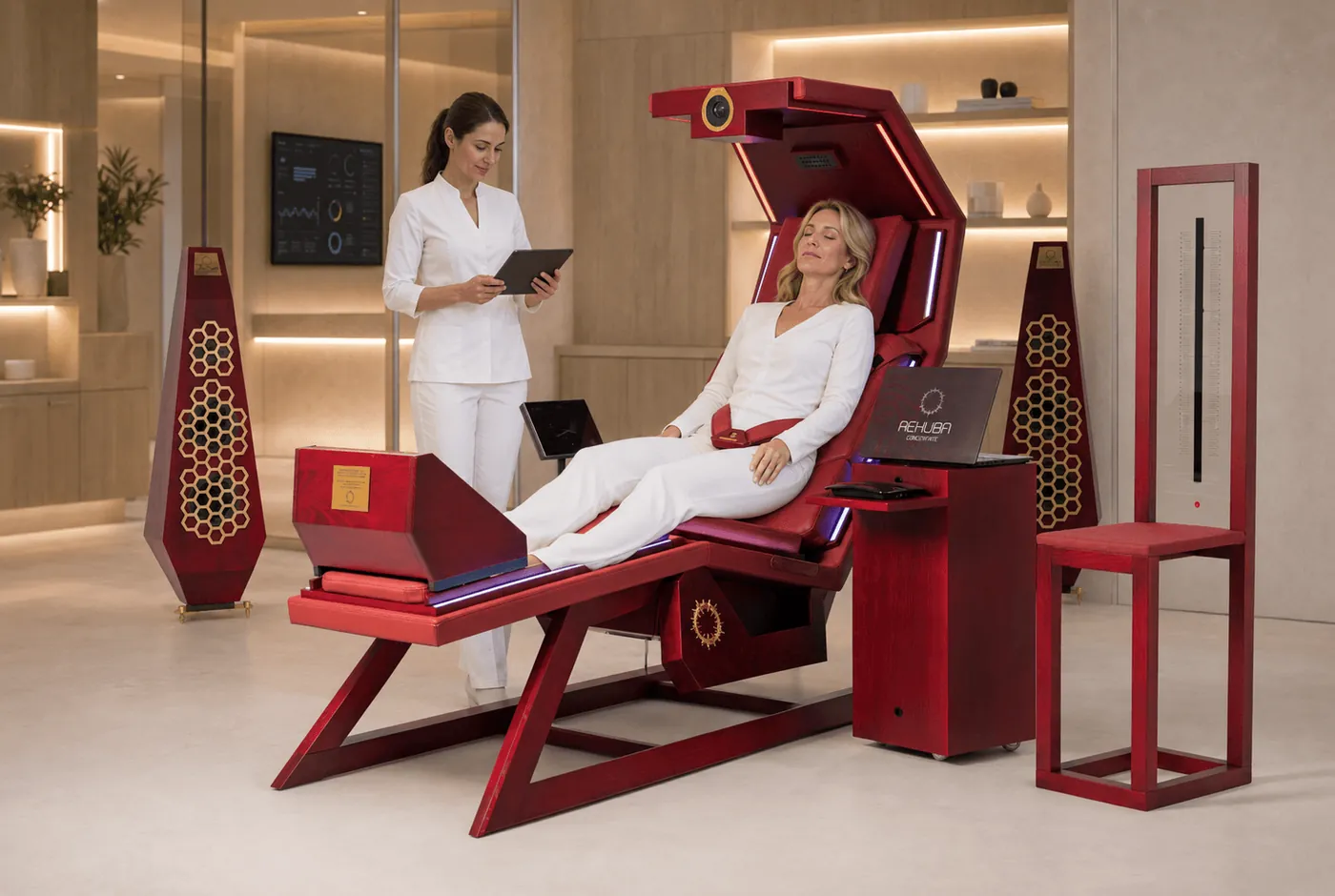 Rehuba wellness lounger with a guest during a session and a practitioner monitoring the dashboard